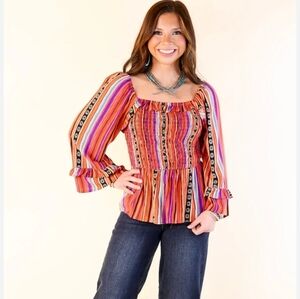 Savanna Jane Women's Smock Top Aztec Separe Striped Print Peplum Western Size S